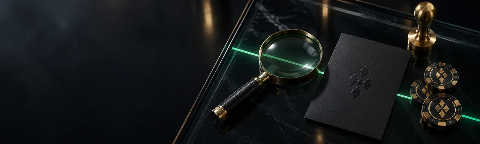 Magnifying glass over a black card and diamond chips on marble
