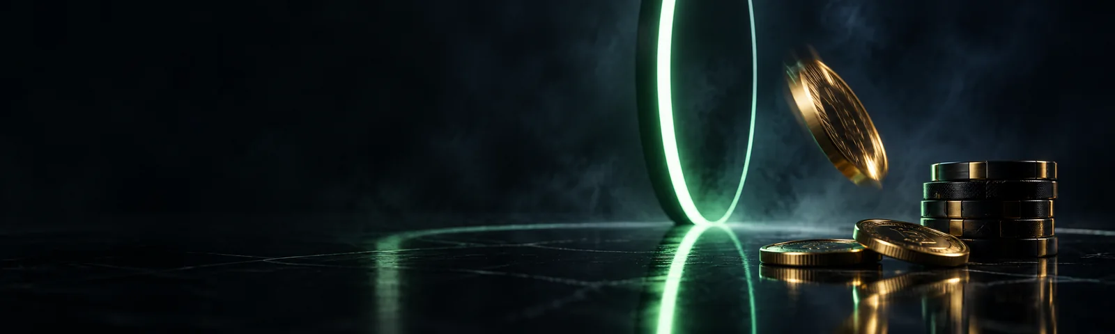 Gold coins falling through a glowing green ring beside a stack of chips