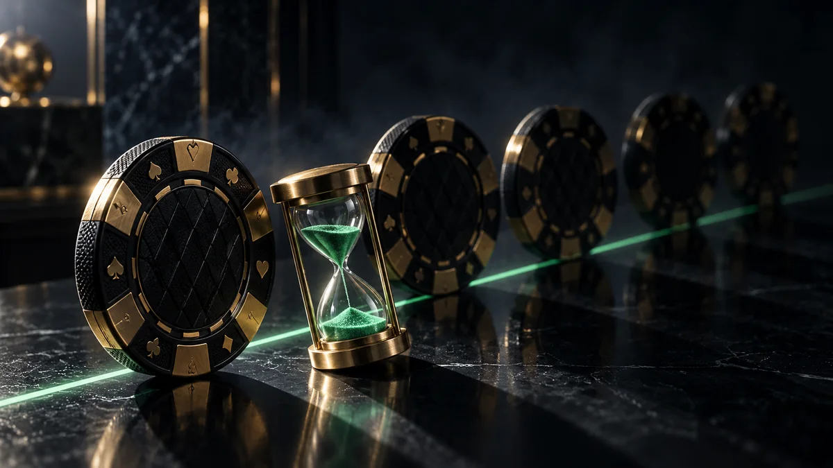 Hourglass with green sand beside black and gold casino chips