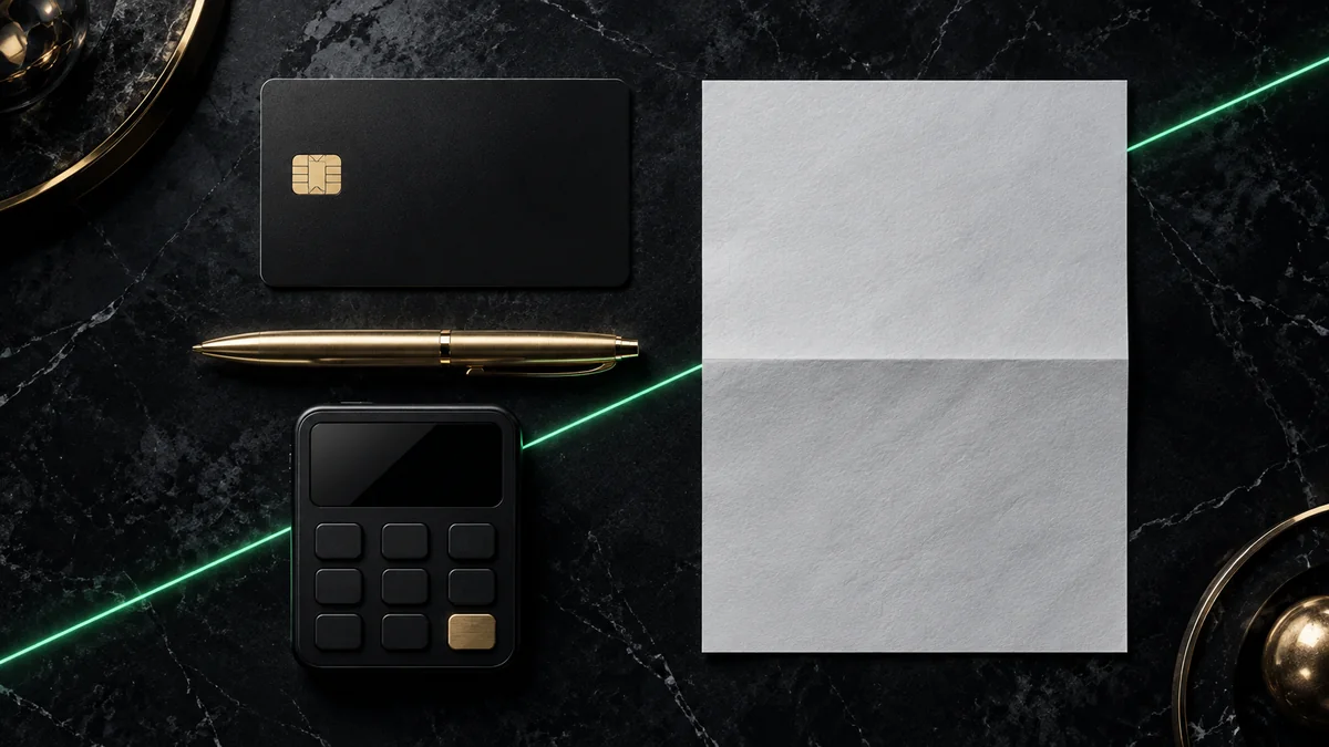 Bank card, pen, calculator and a blank document on black marble