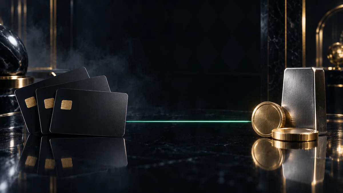 Payment cards linked by a green line to gold coins and a silver bar